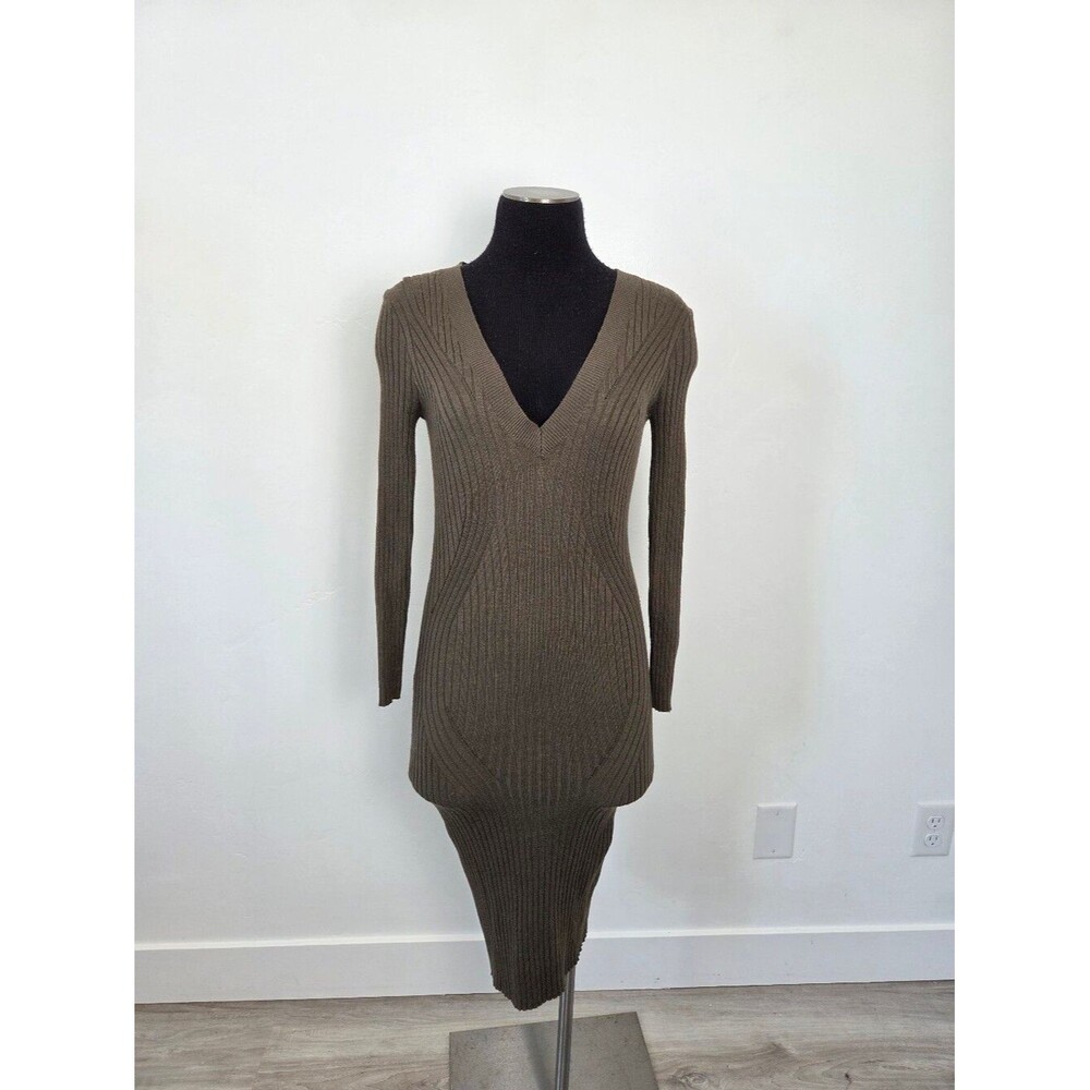 Timing Olive Dark Green Knit Bodycon Midi Dress V Neck Long Sleeve Stretchy M